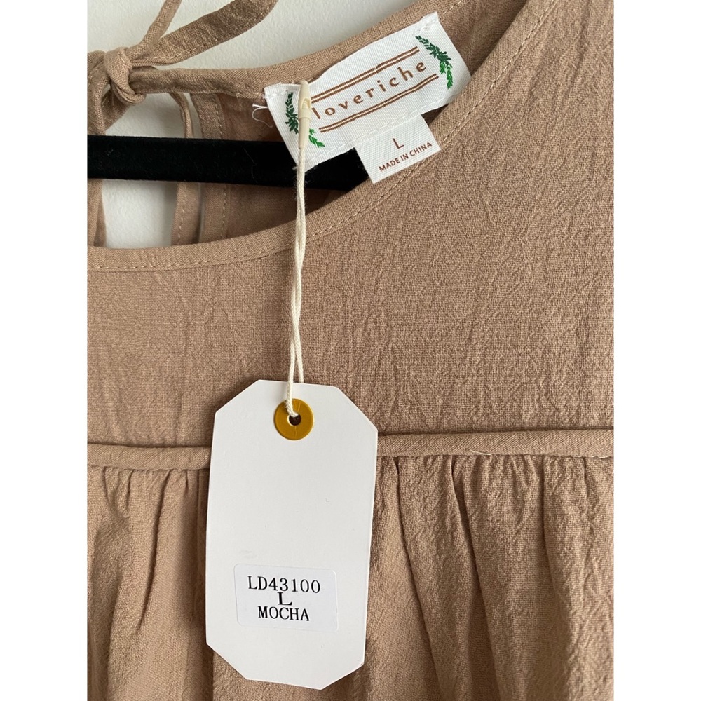 NWT Loveriche Tan Babydoll Mini Dress Tunic with Bow tie Back and Long Sleeves L - Picture 7 of 7
